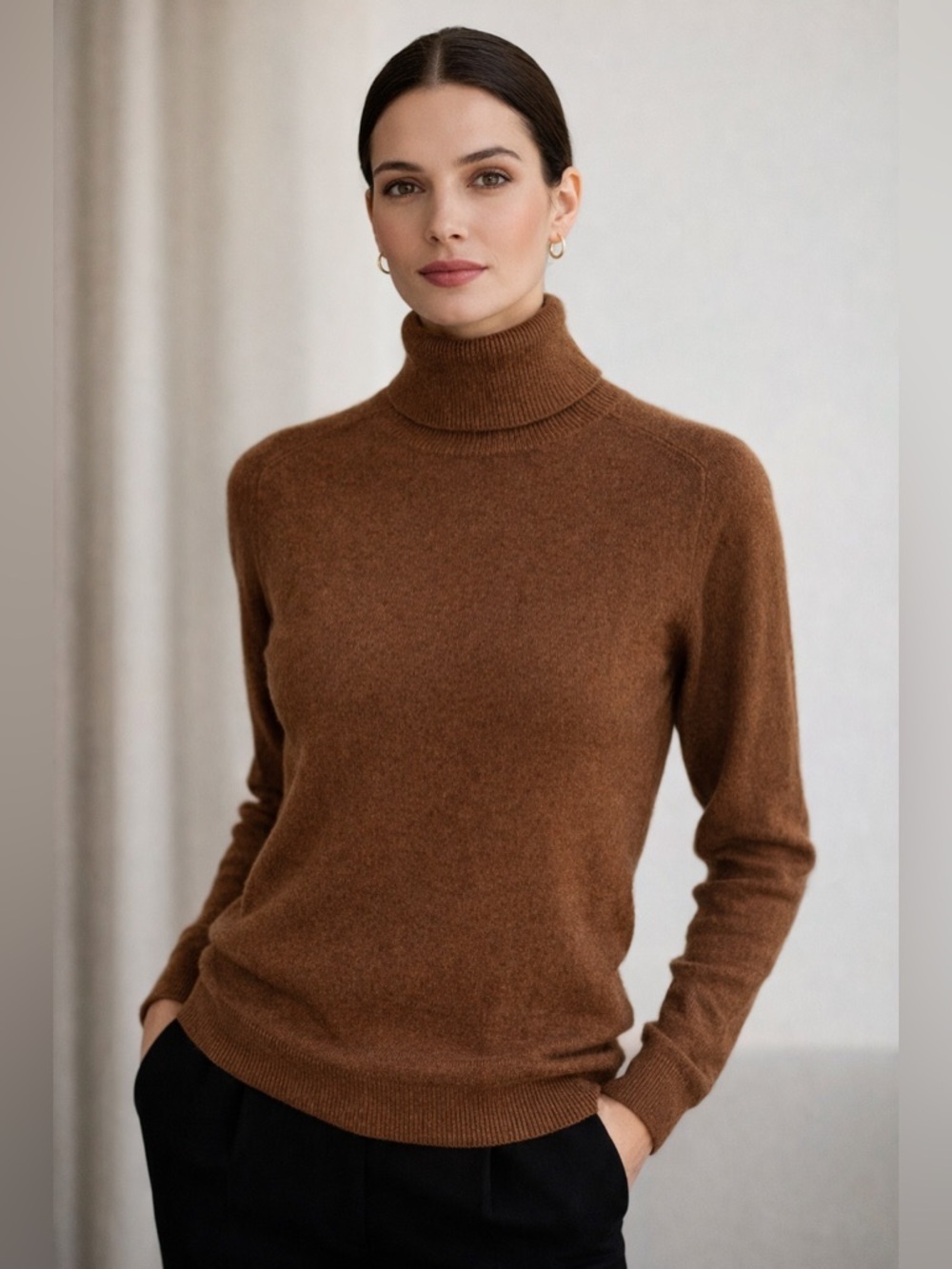 Jennie Liu 100% Cashmere Turtleneck Sweater Brown Soft Luxury Classic luxury